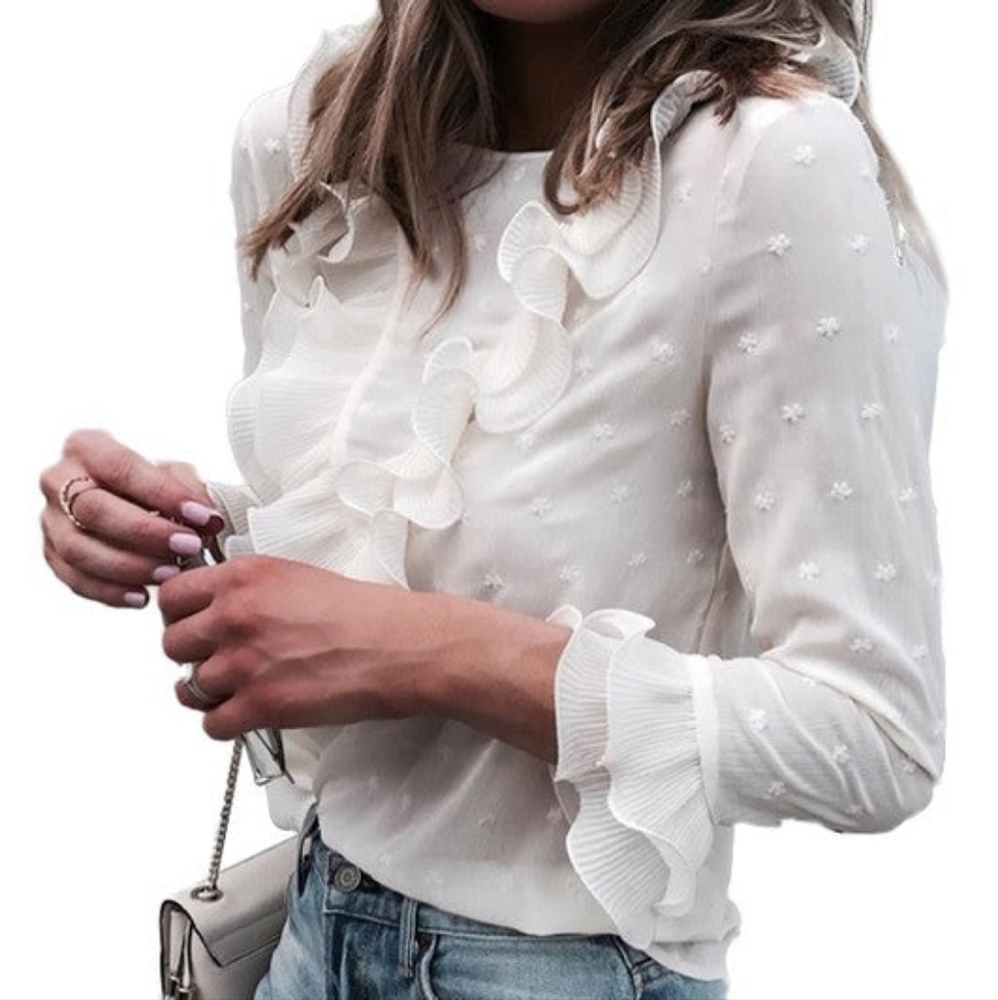 TRÏBE White Sheer Swiss Dot Ruffled Top Blouse 3/4 Sleeve Size Medium NWT
